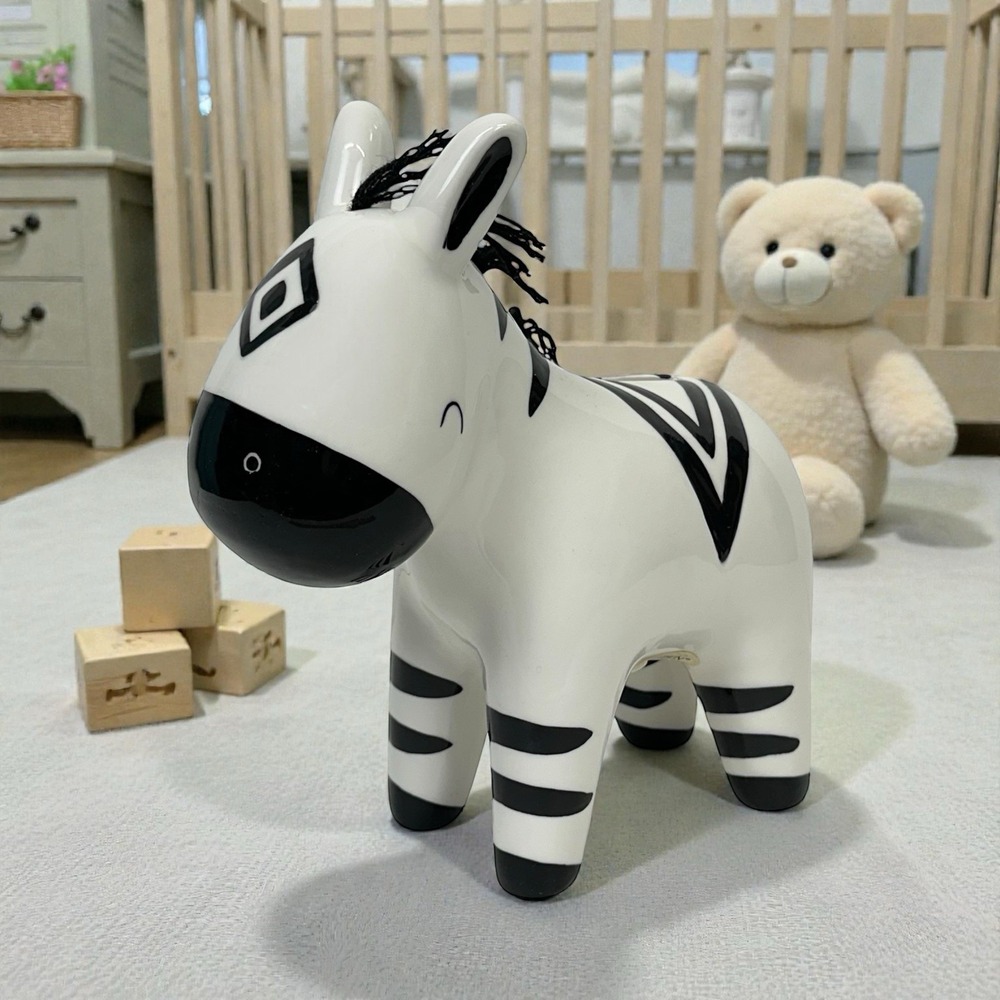 Baby Aspen Zebra Coin Bank Porcelain Aztec Design Black White‎ Stopper Nursery